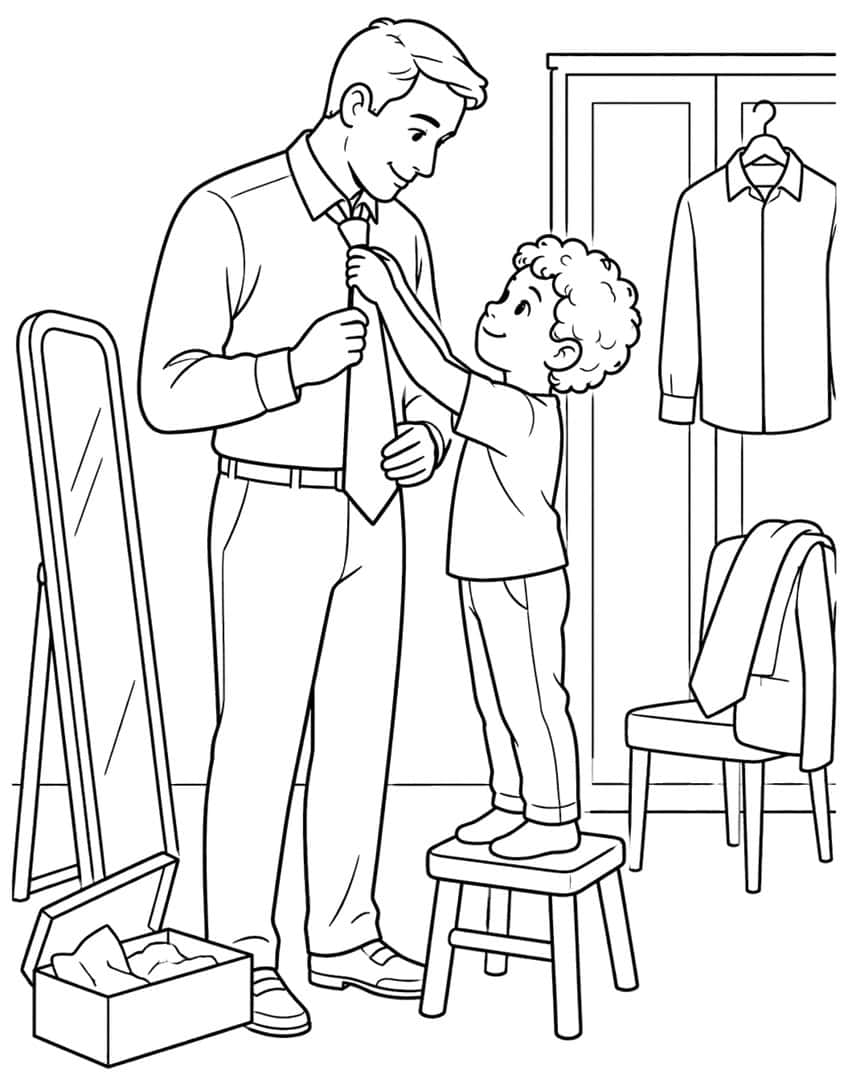 Boy on a stool helping his father tie his necktie in a bedroom with a mirror and chair