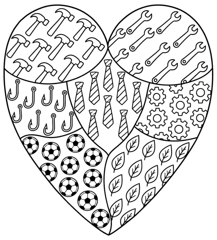 Coloring page of a heart filled with patterns of tools, ties, fishing hooks, soccer balls and leaves