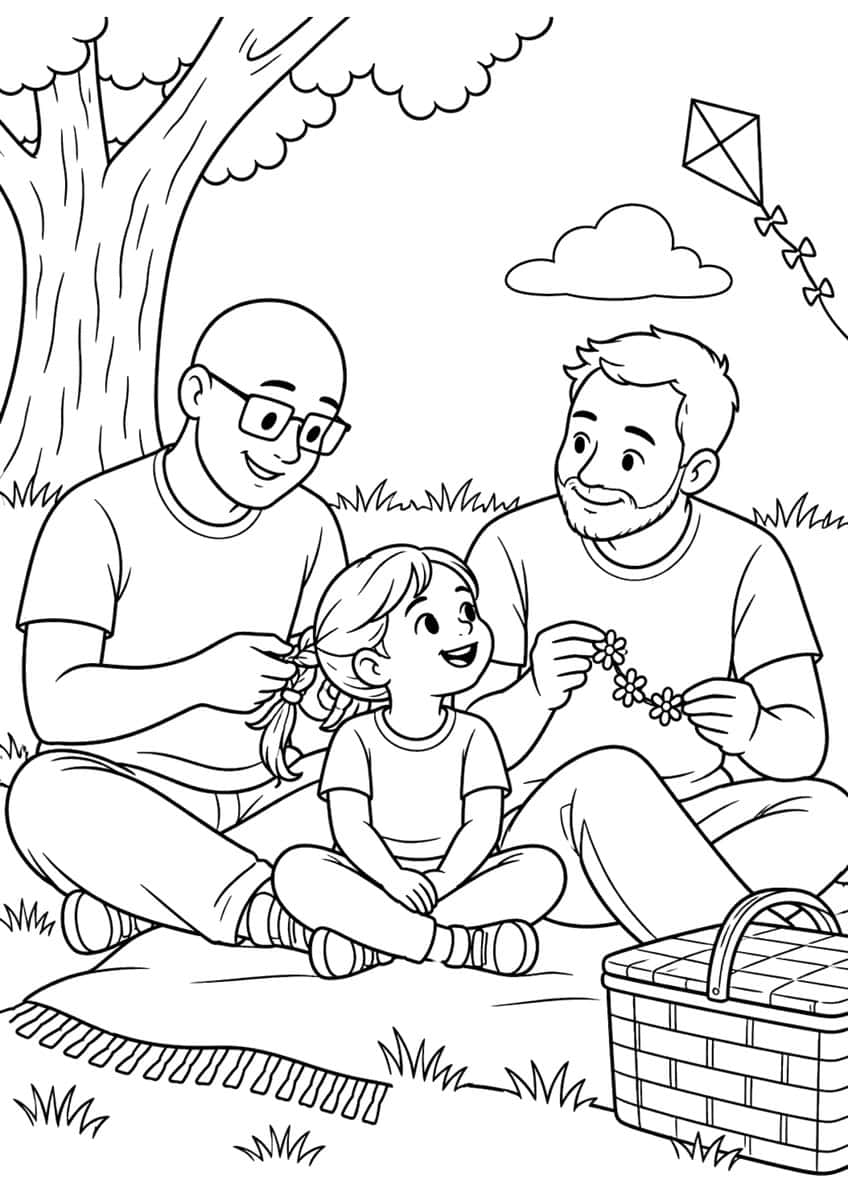 Coloring page of two dads braiding their daughter's hair and holding a daisy chain at a picnic
