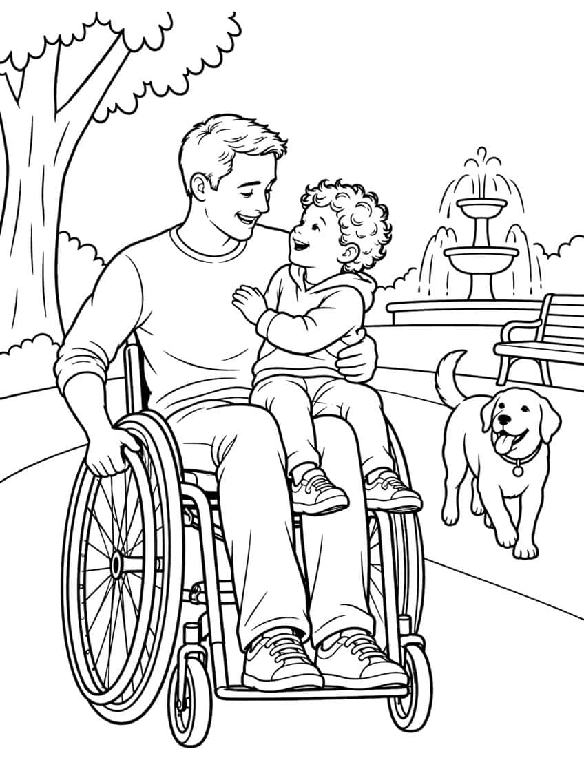 Coloring page of a dad in a wheelchair with his son on his lap and a dog in a park