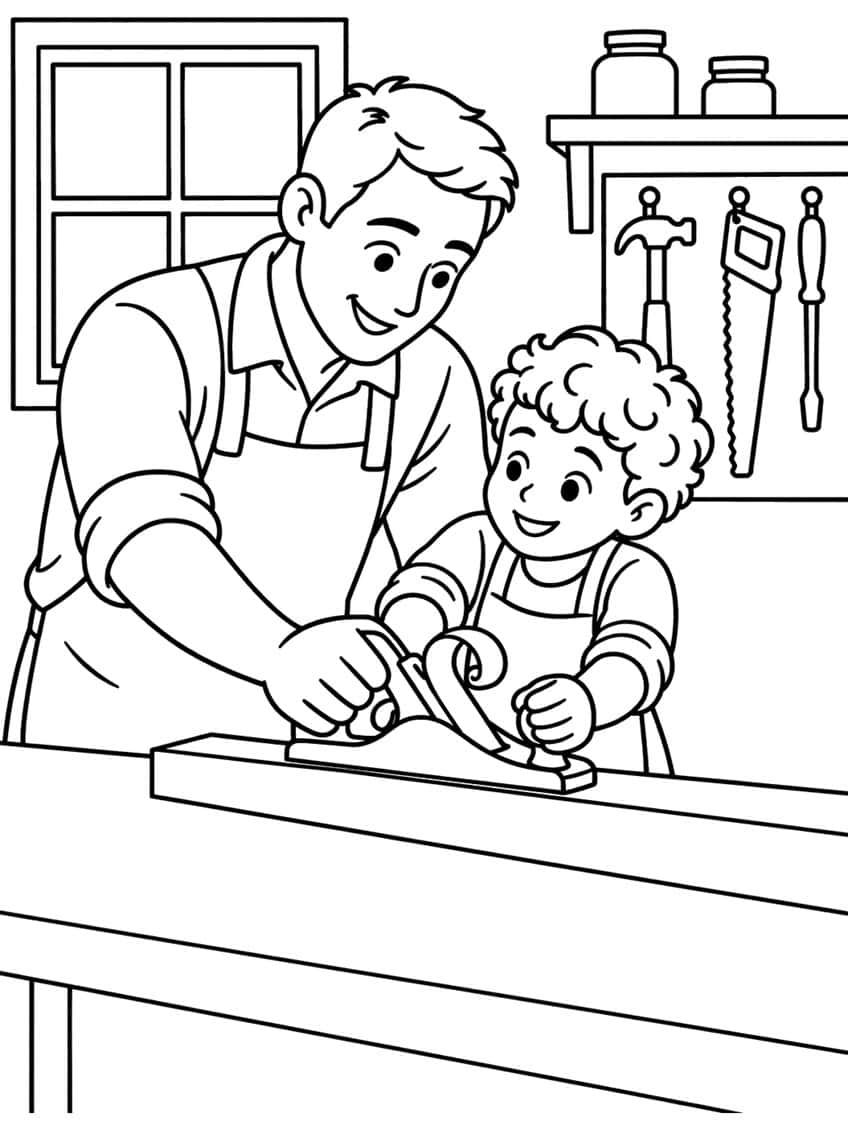 Coloring page of a dad and his son planing a wooden board at a workbench, with tools on the wall