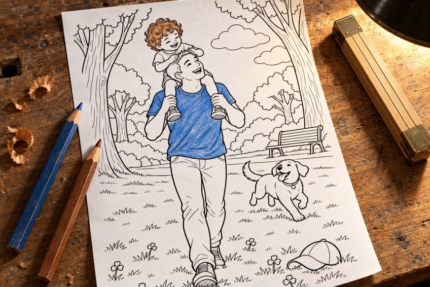 father's day coloring page partly colored in with pencils
