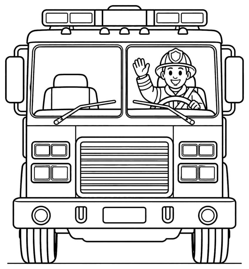 Coloring page of a fire truck from the front with a waving firefighter at the wheel
