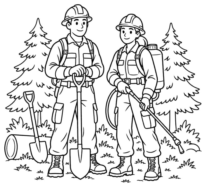 Coloring page of two wildland firefighters with shovel and backpack sprayer in a forest