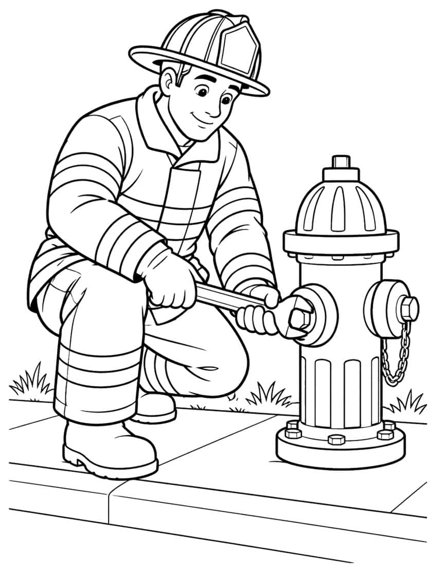 Coloring page of a kneeling firefighter opening a fire hydrant with a wrench