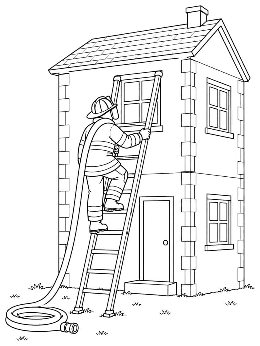 Coloring page of a firefighter climbing a ladder to a house window with a hose