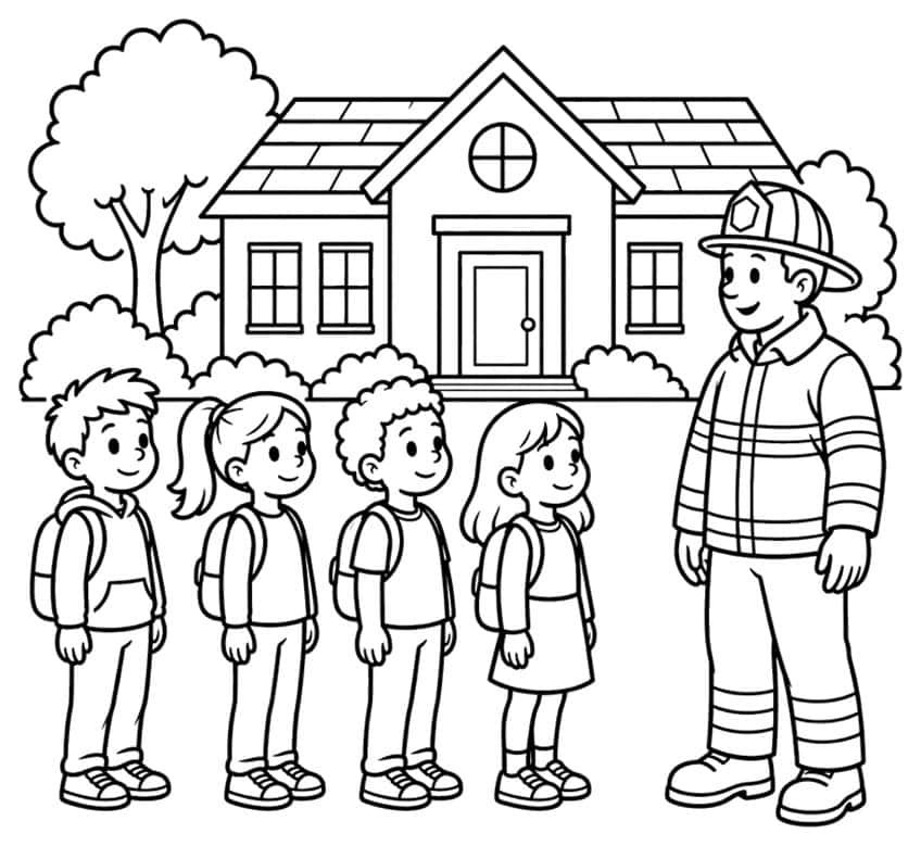 Coloring page of a firefighter and four schoolchildren outside a school