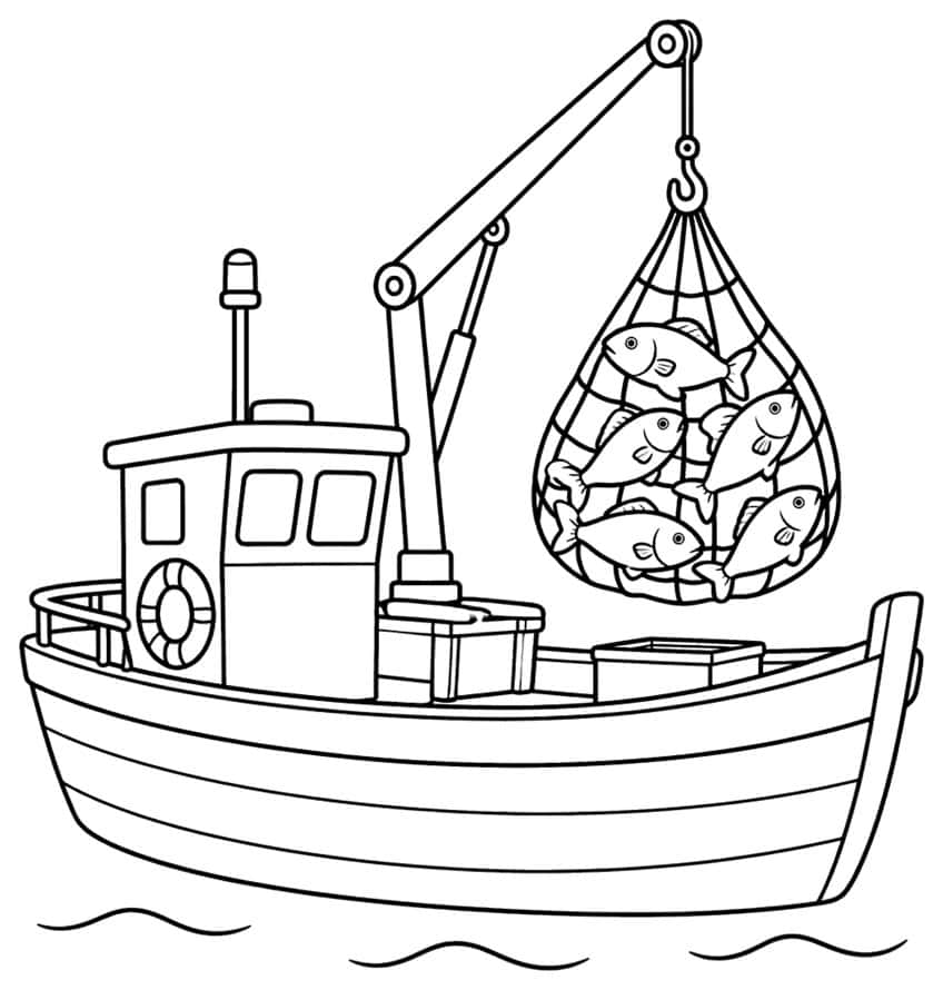 Coloring page of a fishing boat hoisting a net full of fish