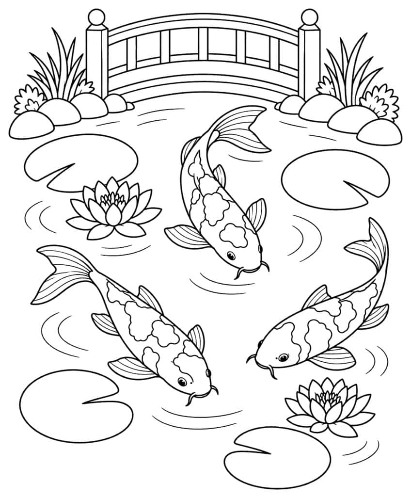 Coloring page with three koi fish, water lilies and a garden bridge