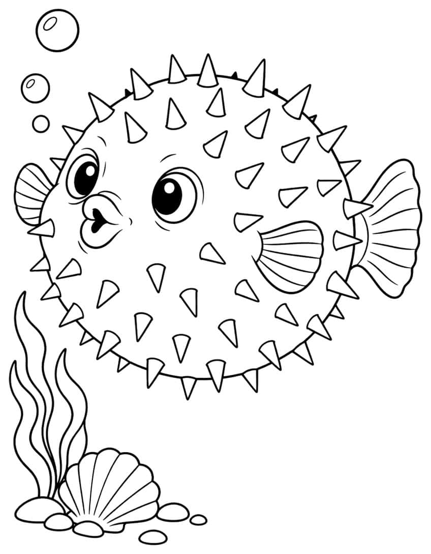 Pufferfish coloring page with spikes, bubbles, seaweed and a shell