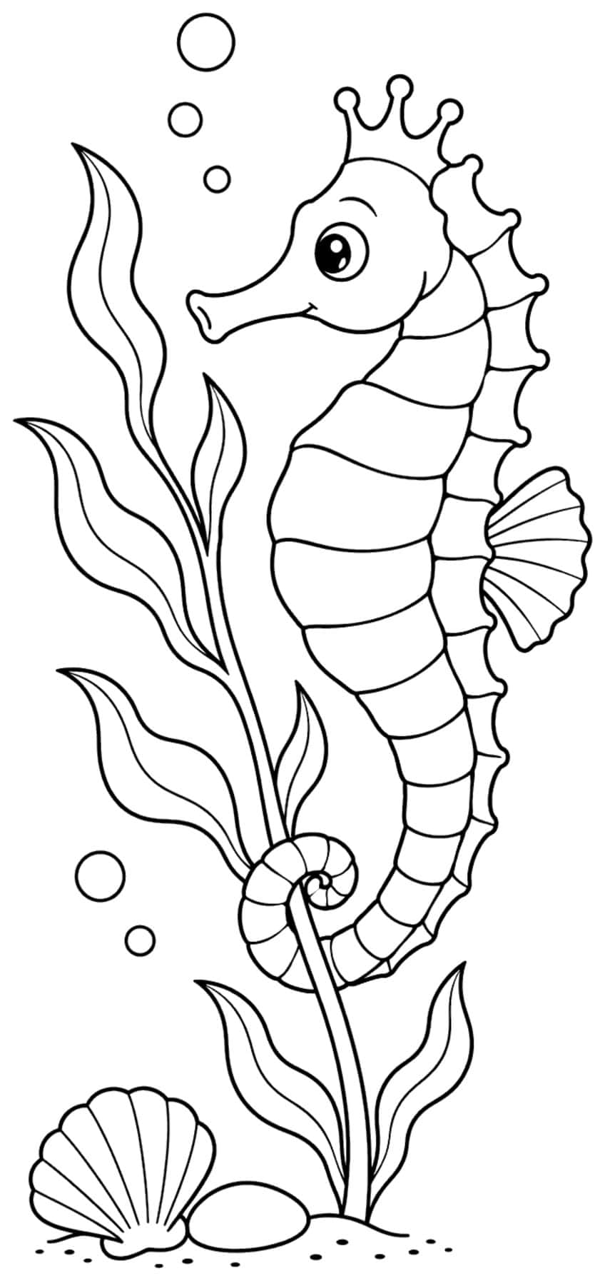 Coloring page of a seahorse among seaweed, bubbles and a shell