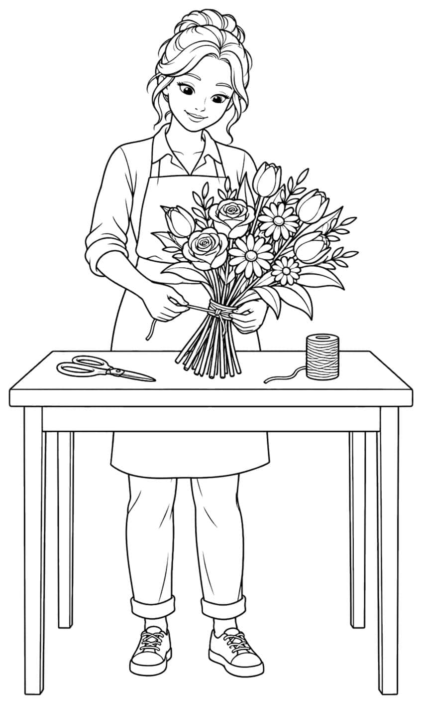 Coloring page: florist at a table tying a bouquet of roses and tulips