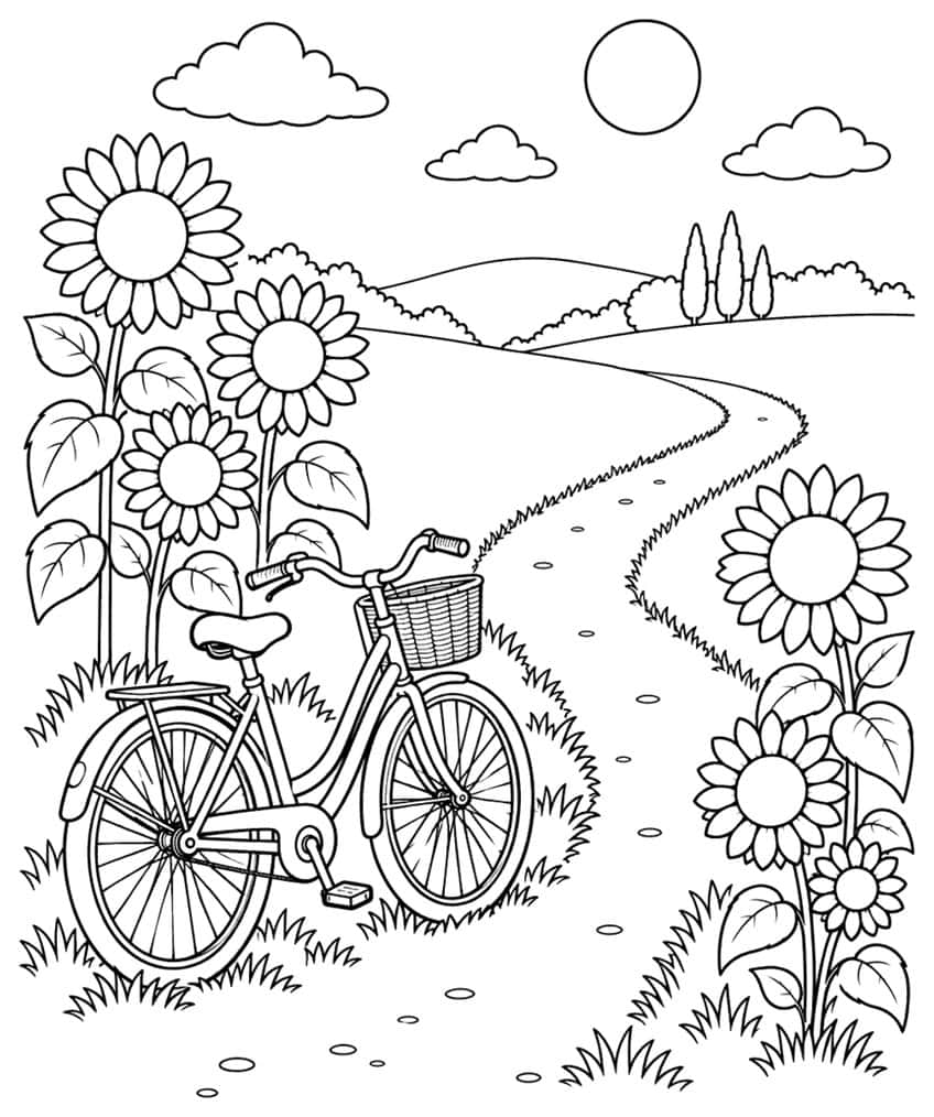 Coloring page of a bicycle on a path between tall sunflowers