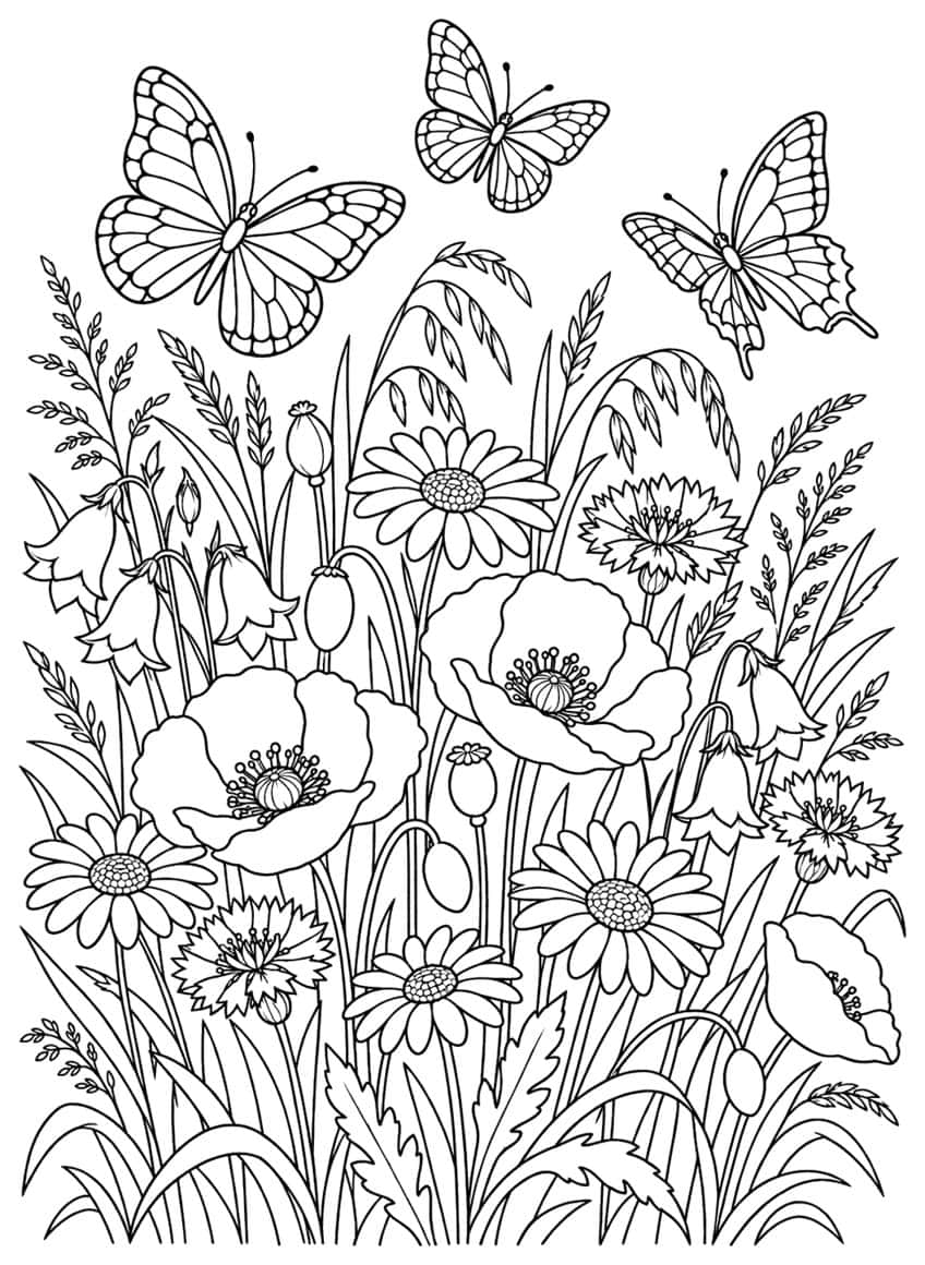 Coloring page of a wildflower meadow with poppies, daisies and three butterflies