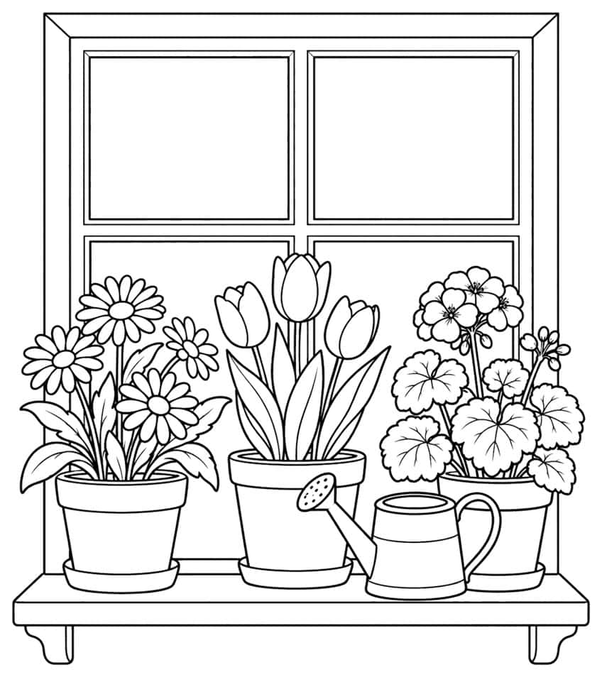 Coloring page with daisies, tulips and geraniums in pots on a windowsill