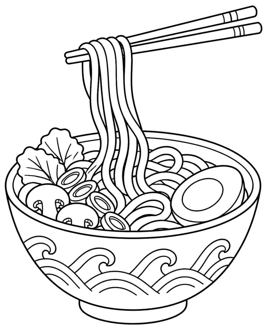 Coloring page of a ramen bowl with egg, mushrooms and chopsticks lifting noodles