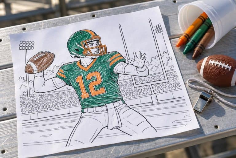 football coloring page partly colored in with pencils