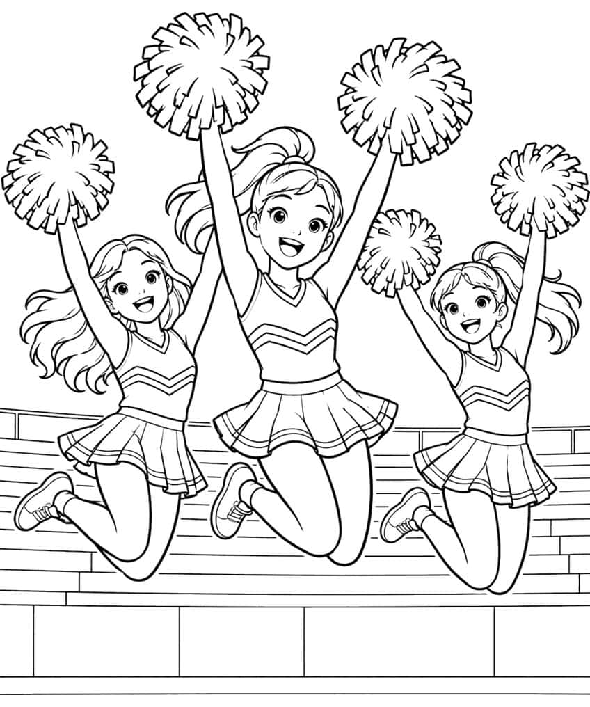 Three jumping cheerleaders with pom-poms, pleated skirts and sneakers in front of stadium bleachers