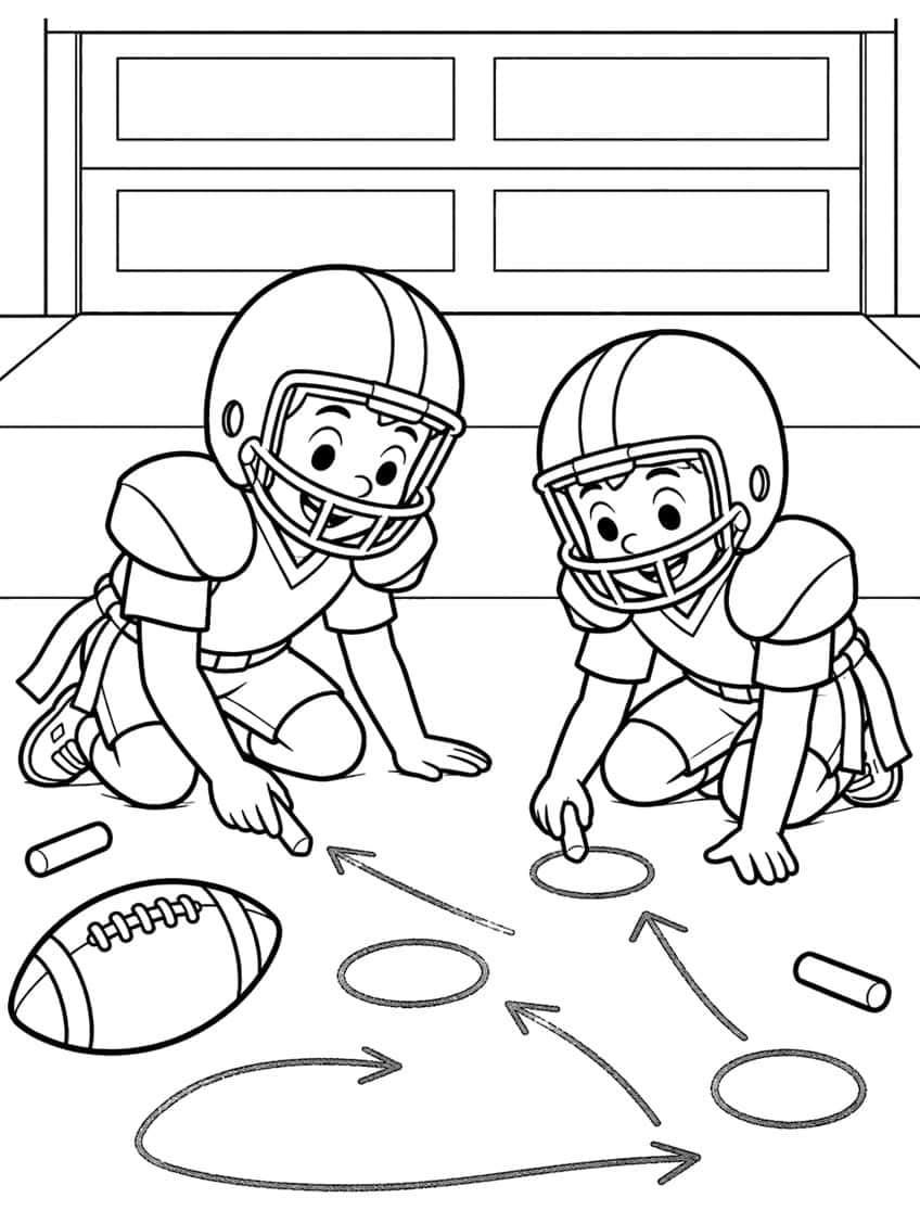 Two kids in football helmets kneeling and drawing chalk arrows and ovals beside a football and chalk sticks
