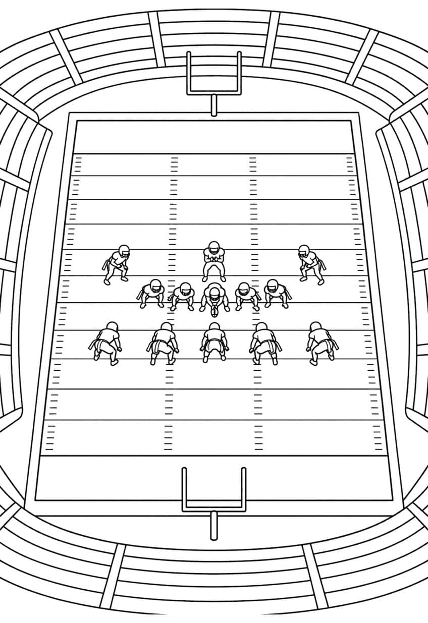 Overhead view of a football field with goalposts, yard lines, stands and players lined up