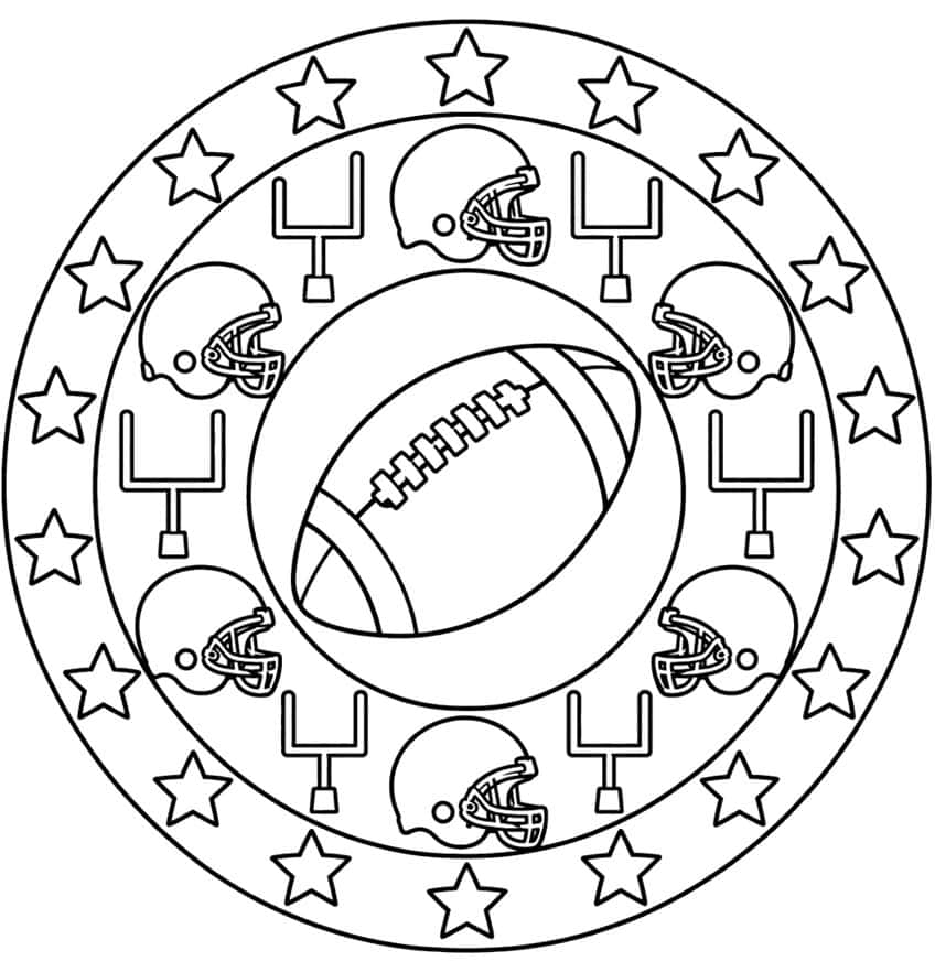Round mandala with a central football, six helmets, six goalposts and a ring of stars