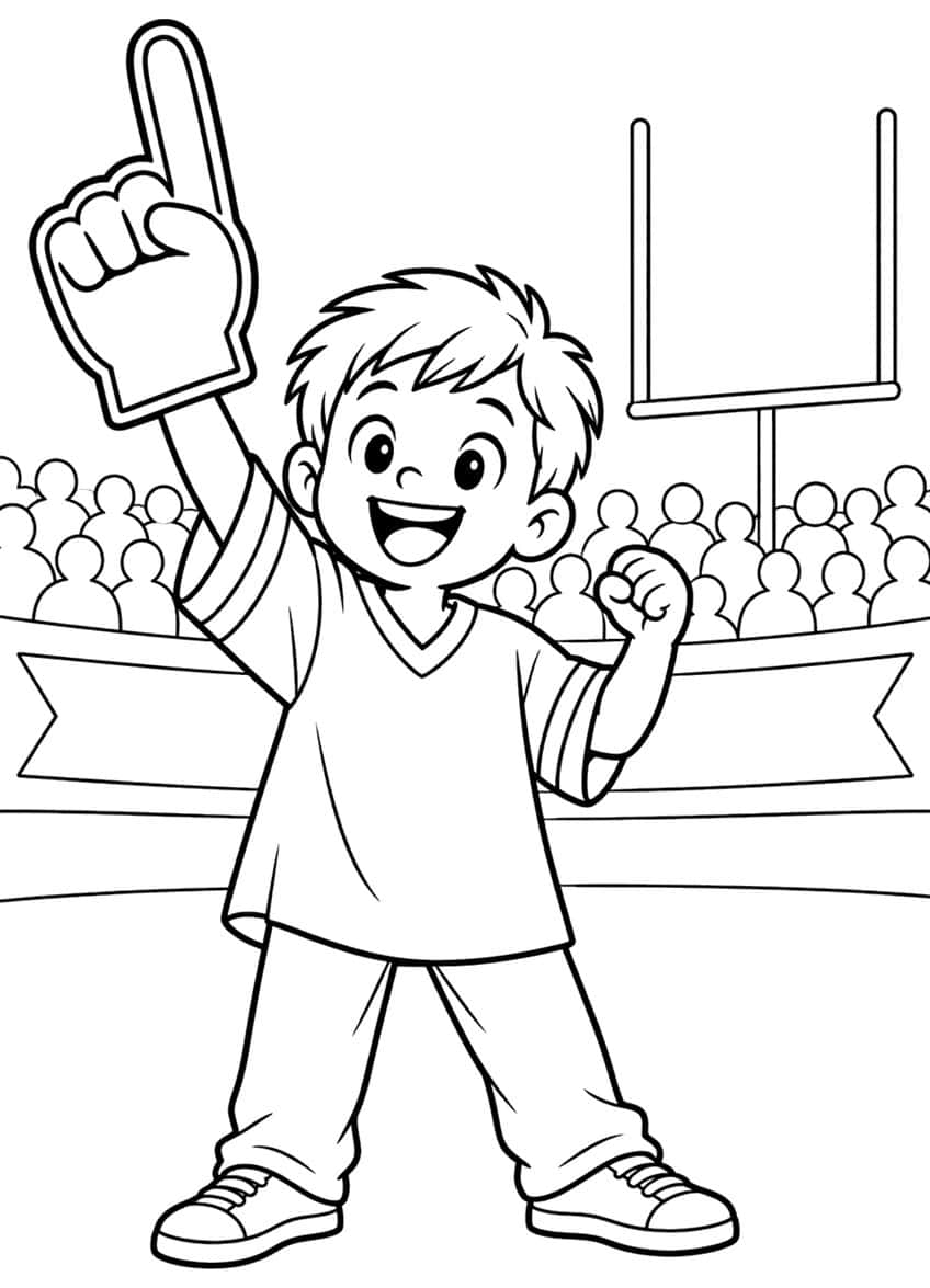 Smiling boy holding a foam finger in a stadium with a goalpost, crowd and banner