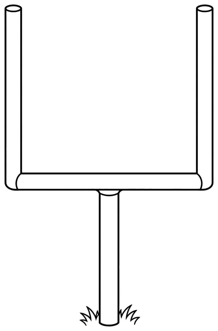 Football goalpost with two uprights, a crossbar, a center pole and grass tufts