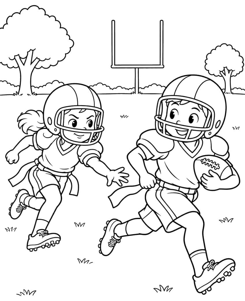 Two kids in helmets playing flag football, one holding a ball, with a goalpost and trees behind