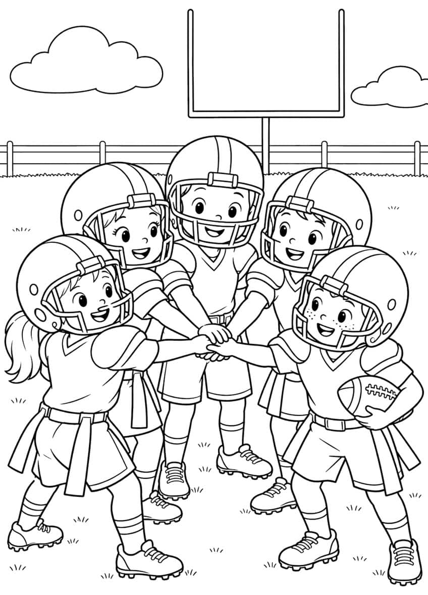 Five kids in football helmets and flag belts stacking hands, one holding a football, goalpost behind