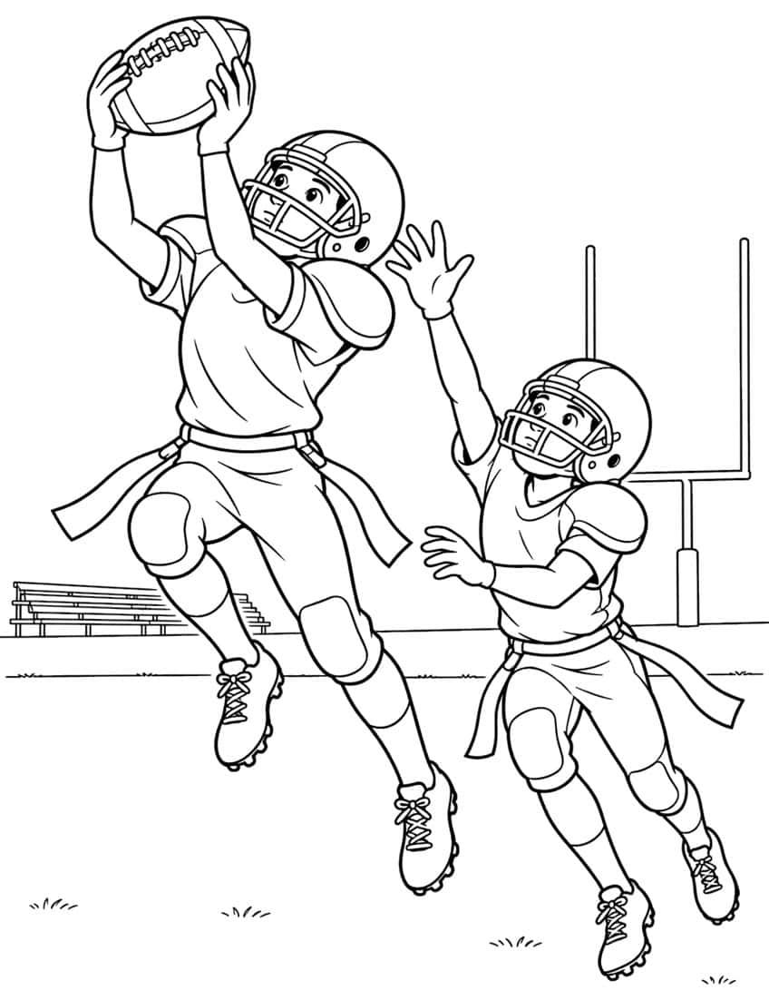 Two flag football players jumping for a ball, with goalpost and bleachers behind