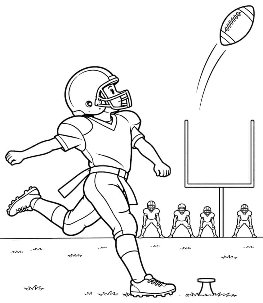 Football kicker in helmet watching a ball in flight, goalpost, four crouching players and a kicking tee