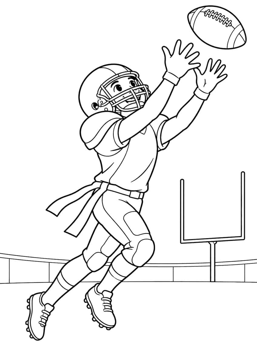 Football player in helmet jumping with raised hands toward a ball, goalpost and stadium wall behind