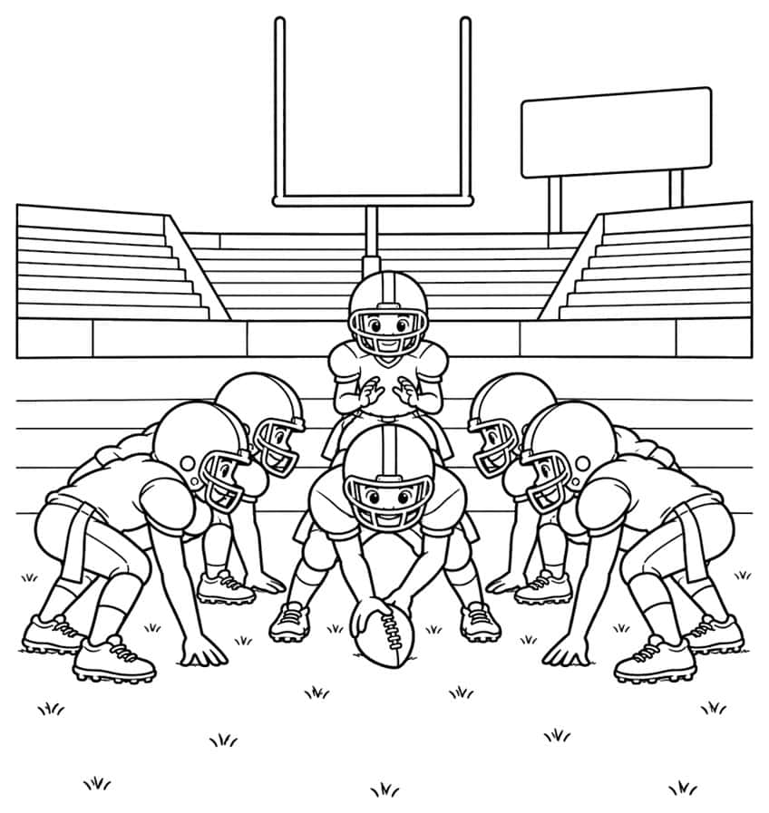 Football players crouched at the line of scrimmage, center with ball, goalpost, bleachers and scoreboard behind