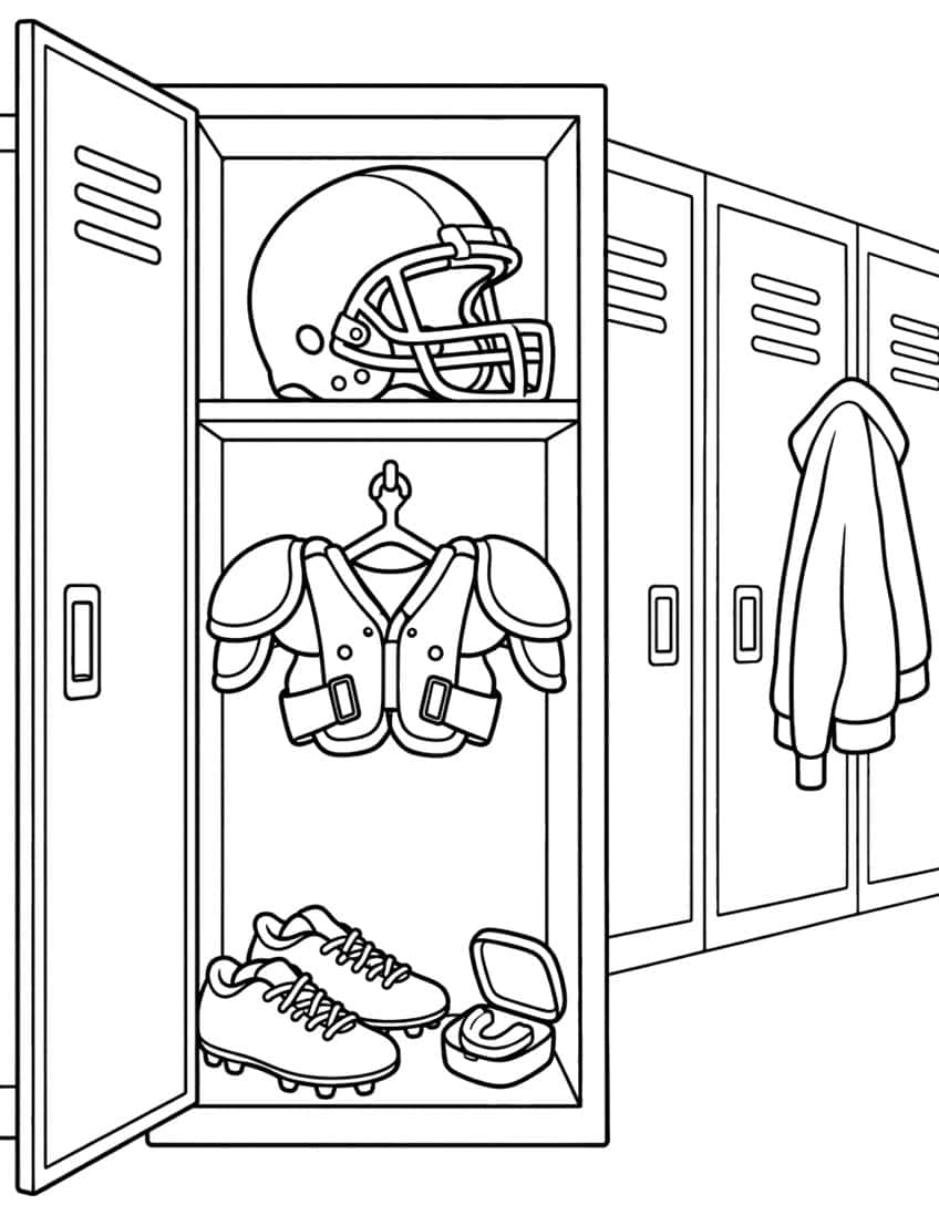 Open locker with football helmet, shoulder pads, cleats, mouthguard case and a hanging hoodie