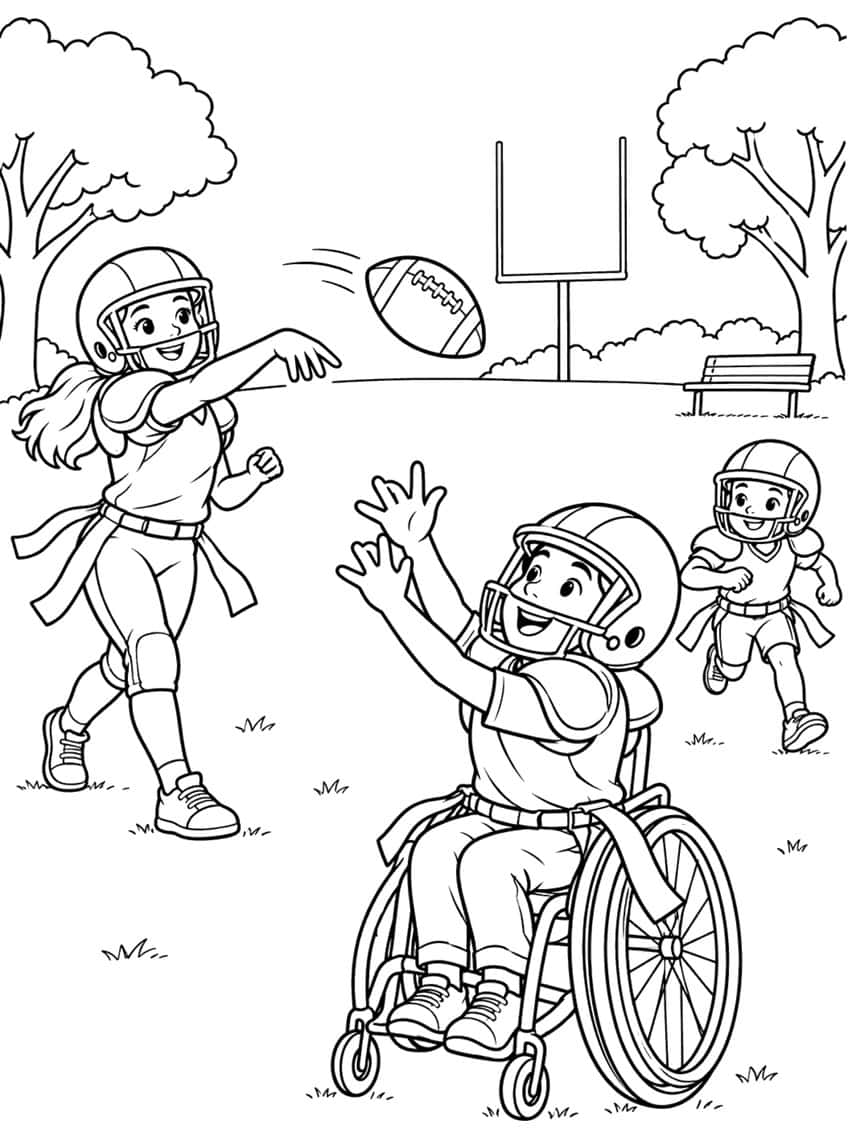 Children in helmets play flag football, one throwing a ball to a player in a wheelchair, park and goalpost behind