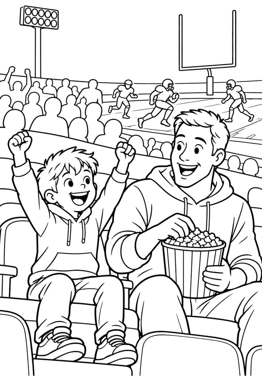 Boy cheering and man eating popcorn in stadium seats, with players, goalpost and floodlight behind
