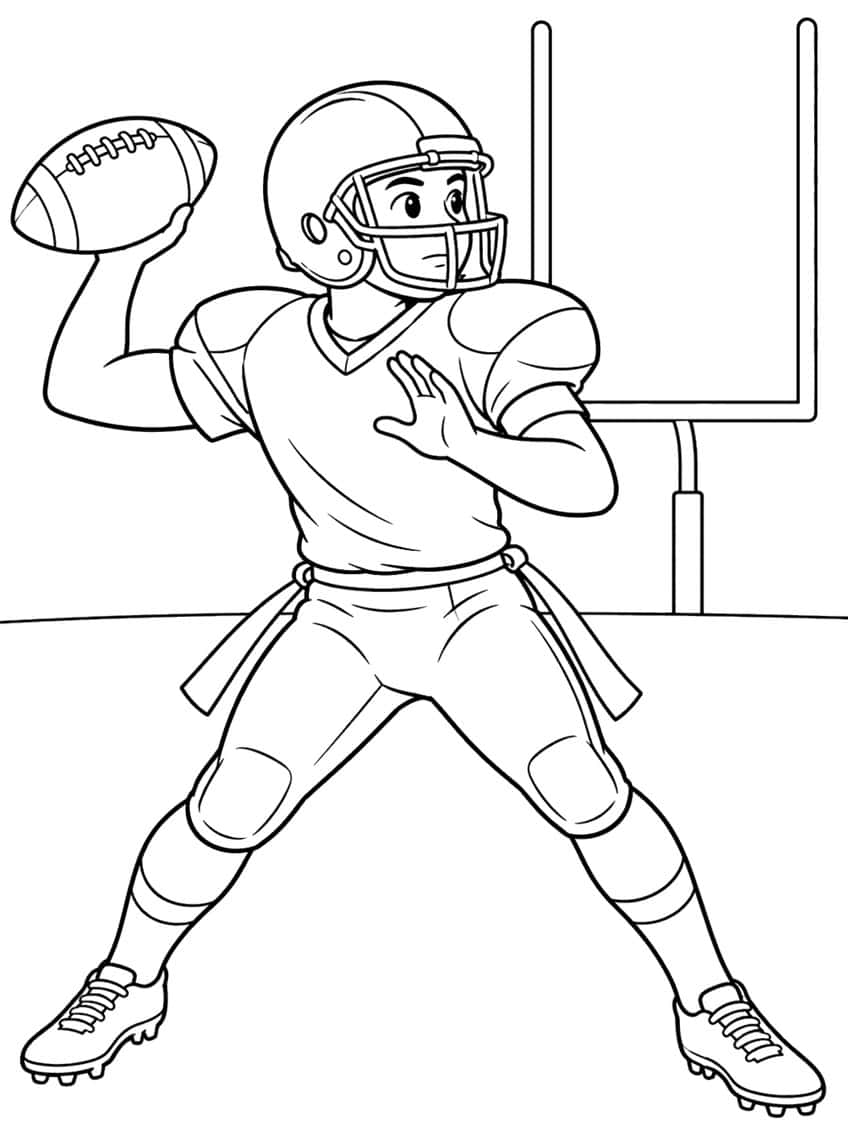 Quarterback in helmet throwing a laced football in front of goalposts, with cleats and belt flags