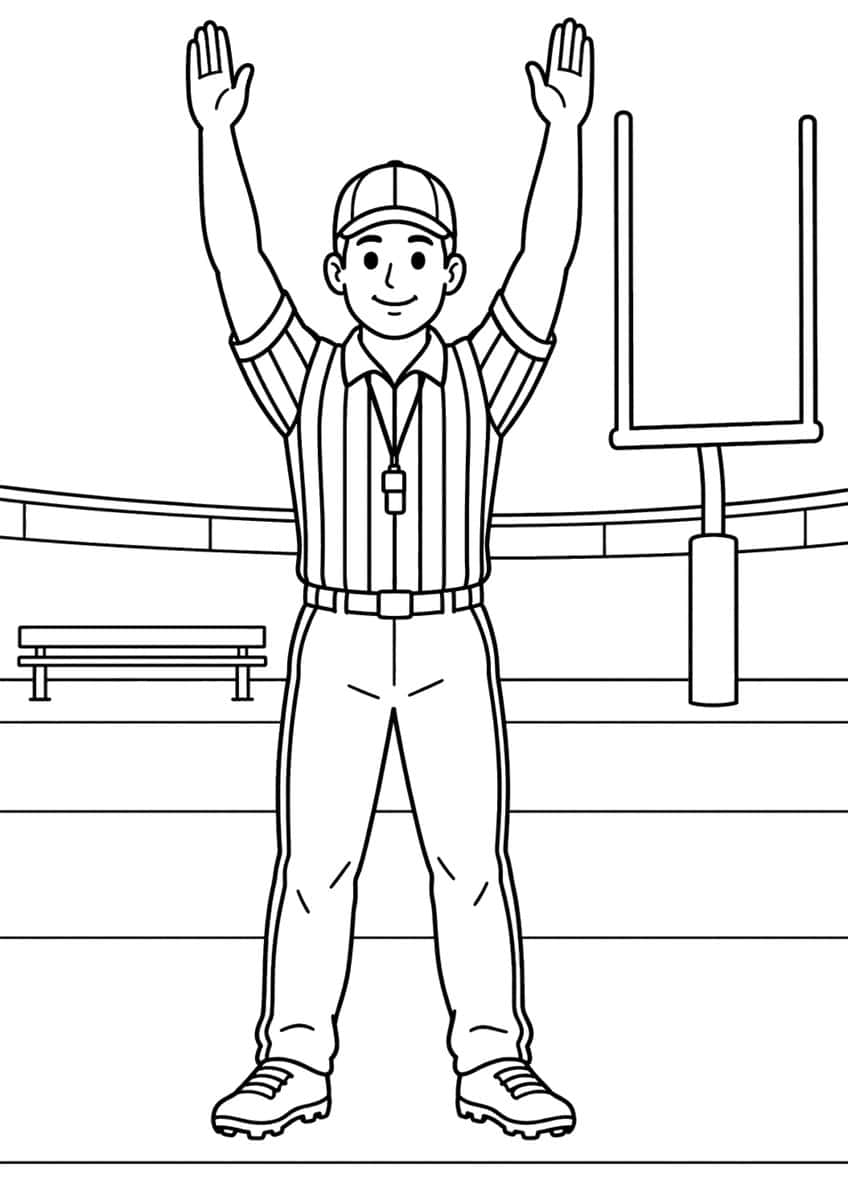 Smiling referee with raised arms, striped shirt and whistle, with a goalpost and bench behind him