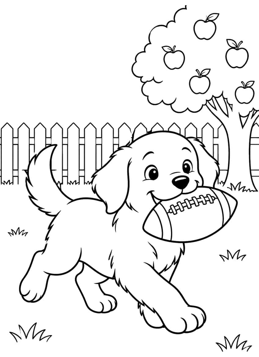 Retriever puppy carrying a football past a picket fence and an apple tree with apples