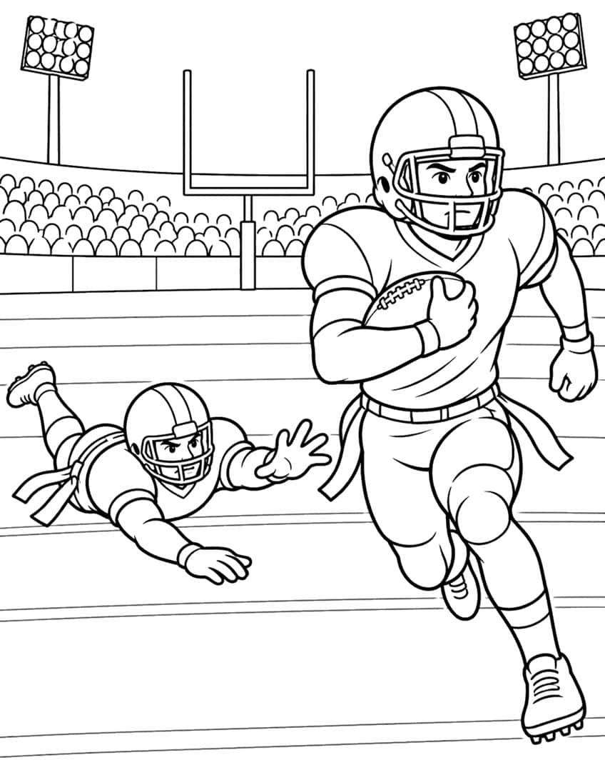 Running back carrying a football past a diving defender in a stadium with goalpost, floodlights and crowd