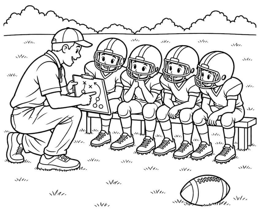 Coach with clipboard kneeling before four helmeted kids on a bench, football in the grass