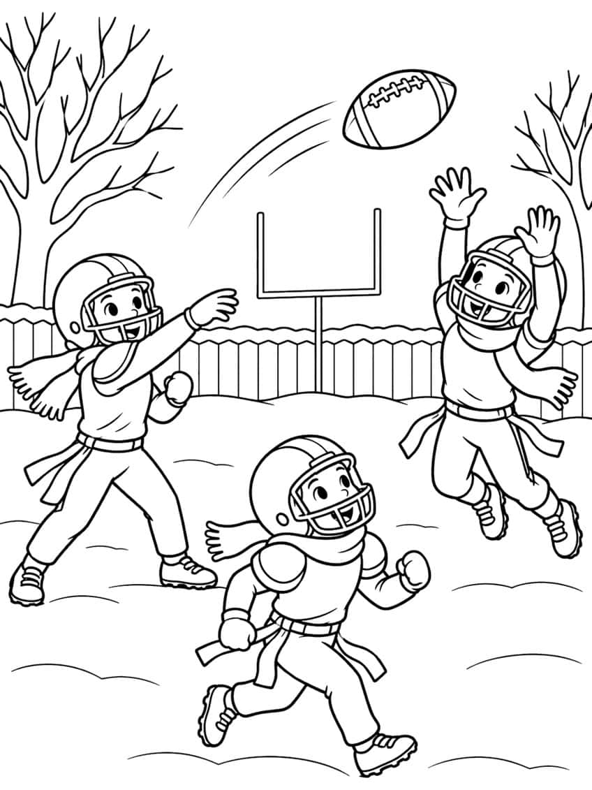 Three kids in helmets and scarves playing football in snow, ball in the air, goalpost, fence and bare trees