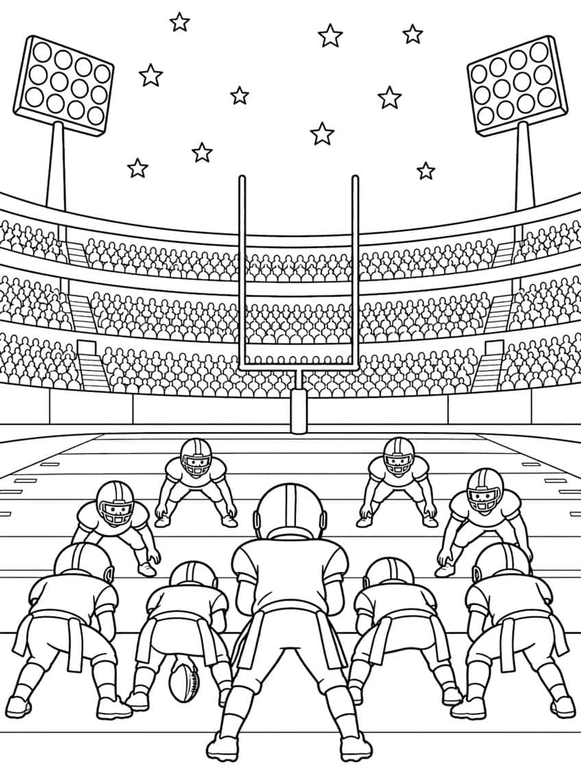 Football players in formation on a field, goalpost, crowded stands, two floodlights and stars