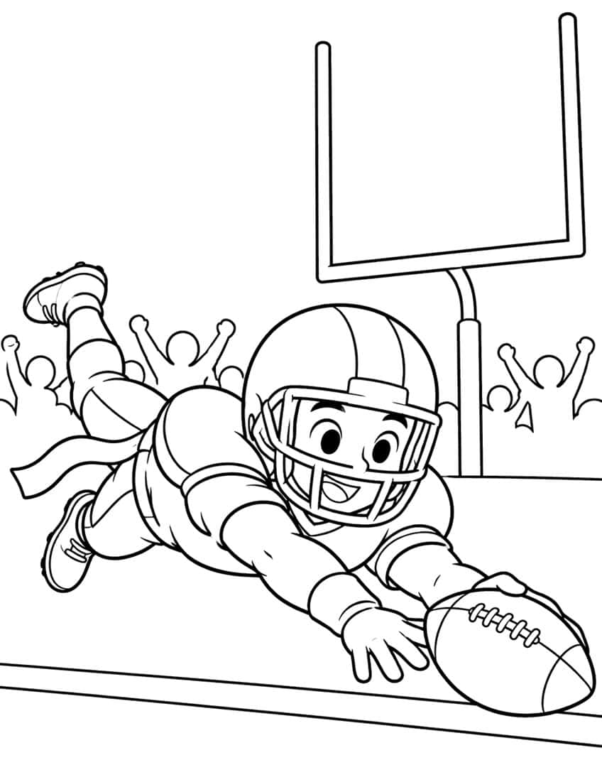 Football player diving over the goal line with a ball, goalpost and cheering crowd behind