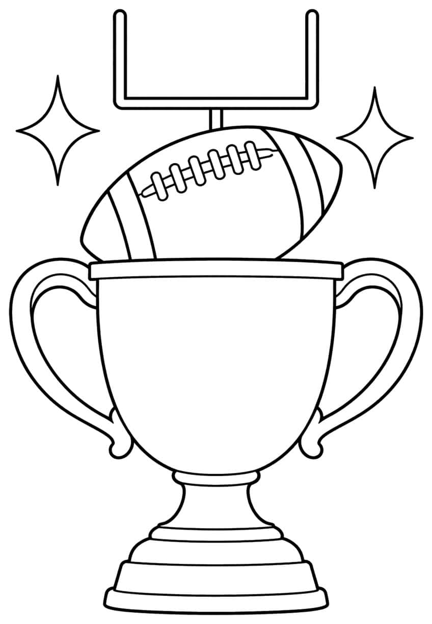Trophy cup with two handles, a football with laces, a goalpost and two sparkles