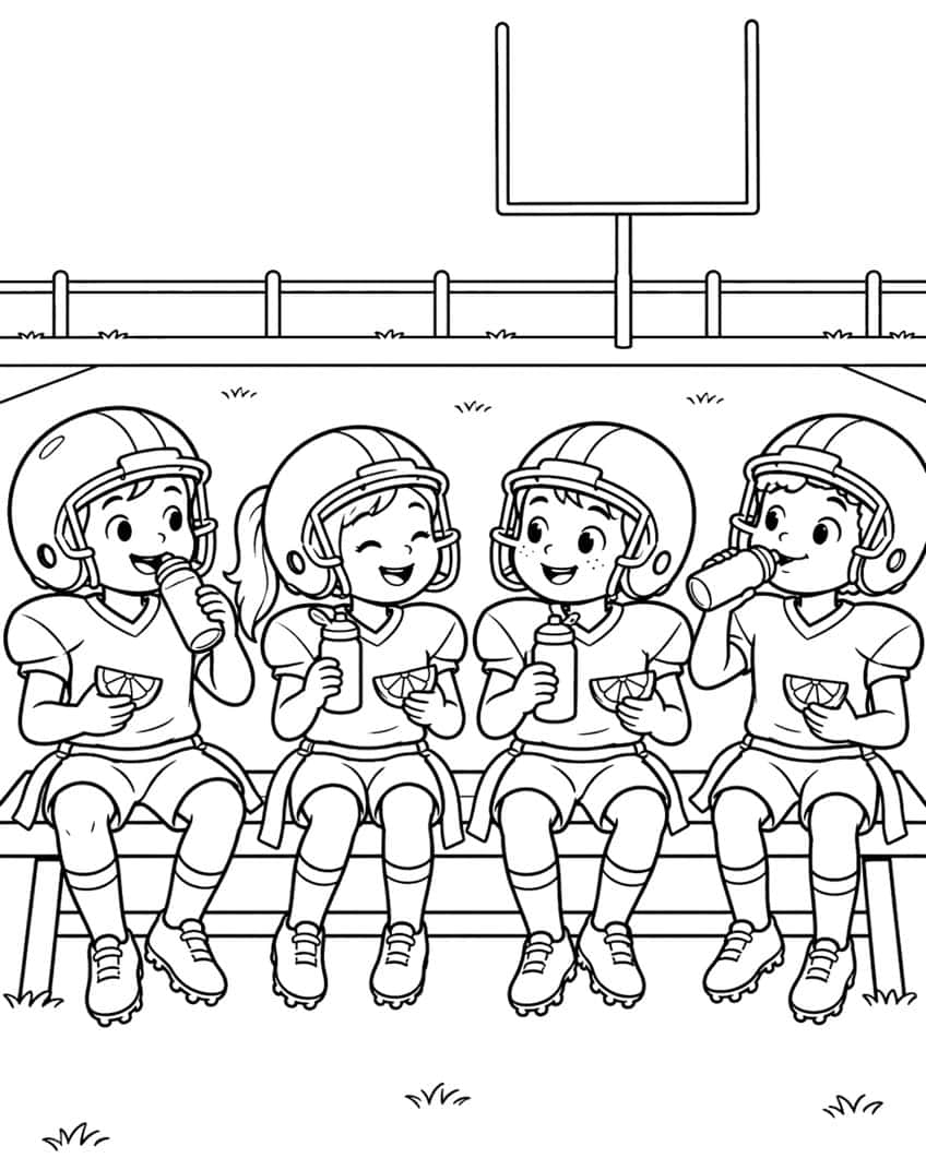 Four helmeted kids on a bench with water bottles and orange slices, goalpost and fence behind