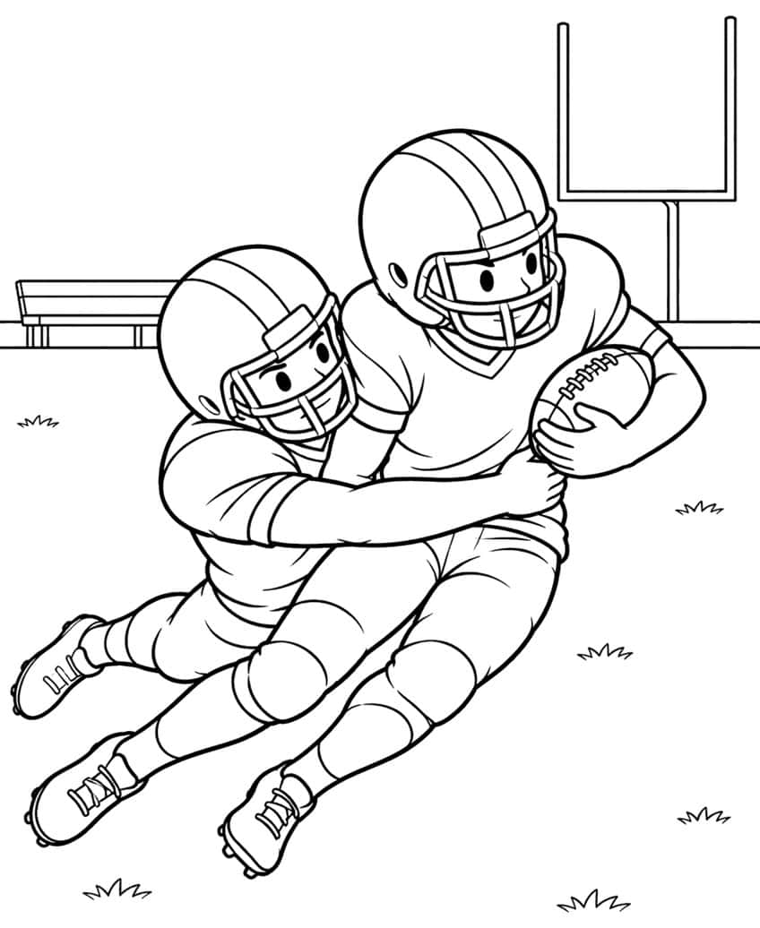 Two helmeted football players in a wrap-up tackle, ball carrier holding a football, goalpost and bench behind