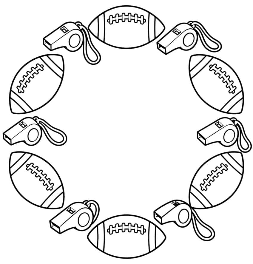 Circular wreath of six footballs and six whistles with lanyards around an empty center