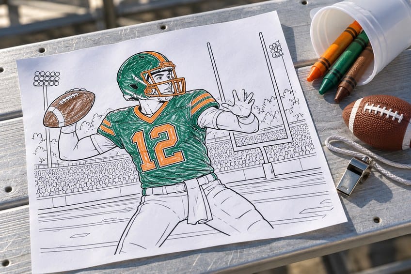 football coloring page partly colored in with pencils
