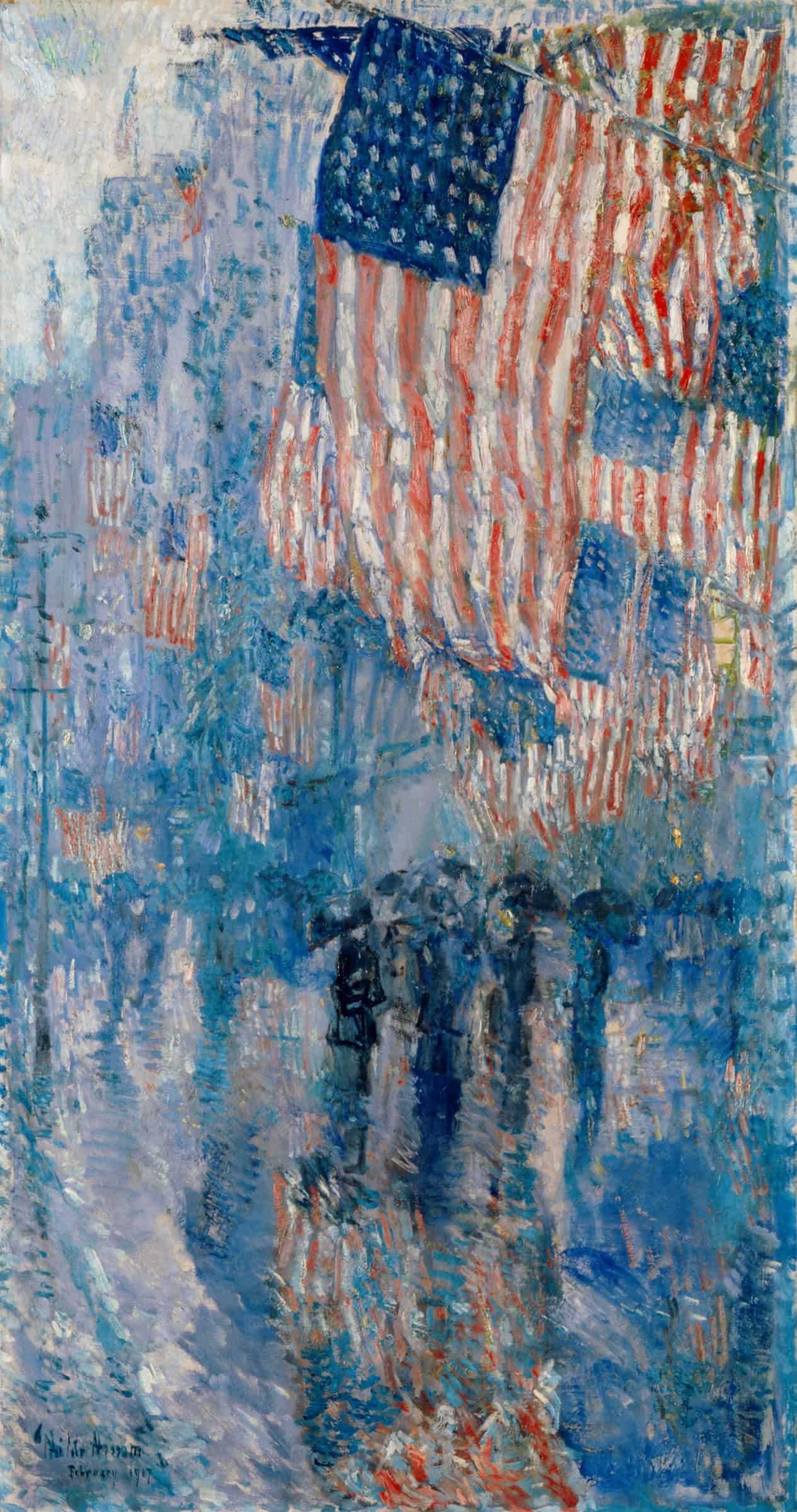 The Avenue in the Rain Frederick Childe Hassam 1917. "The Avenue in the Rain," oil on canvas, by the American painter Childe Hassam. 42 in. x 22.25 in. Courtesy of The White House